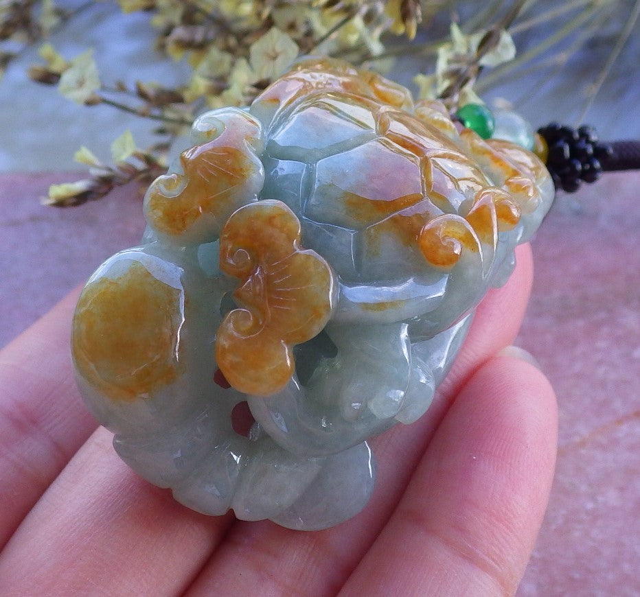 Certified Hand Carved Natural Myanmar Burma A Jade Jadeite Dragon Turtle Ruyi Pendant Necklace