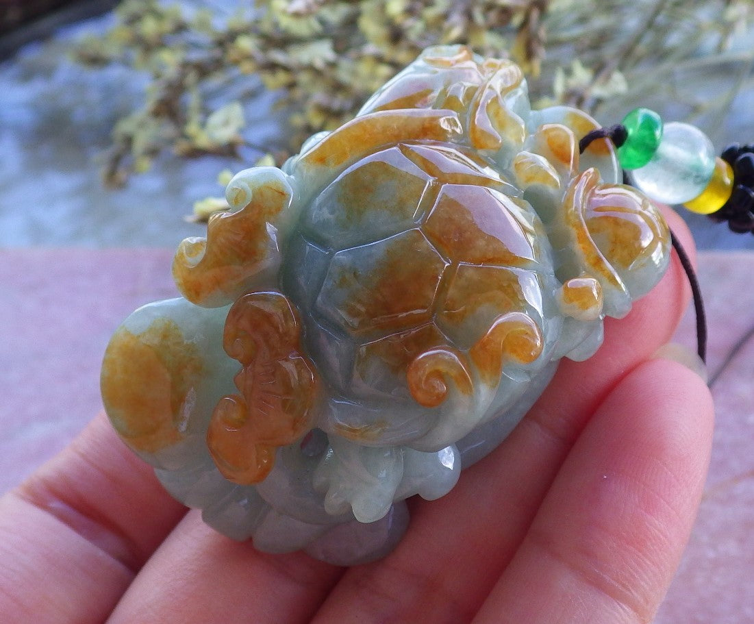 Certified Hand Carved Natural Myanmar Burma A Jade Jadeite Dragon Turtle Ruyi Pendant Necklace