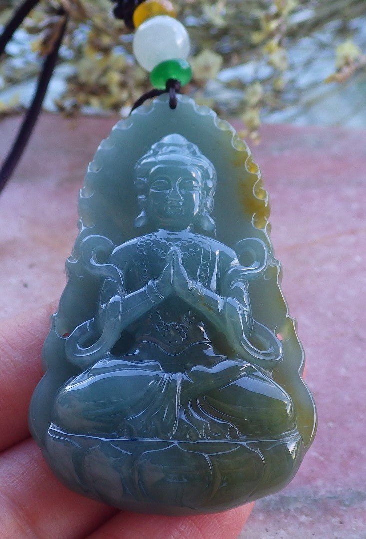 Certified Hand Carved Natural Burma A Jade Jadeite Guanyin Kwan yin Pendant Necklace