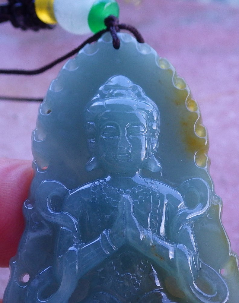 Certified Hand Carved Natural Burma A Jade Jadeite Guanyin Kwan yin Pendant Necklace