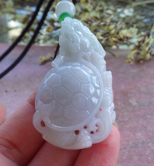 Certified Hand Carved Natural Myanmar Burma A Jade Jadeite Dragon Turtle Ruyi Pendant Necklace