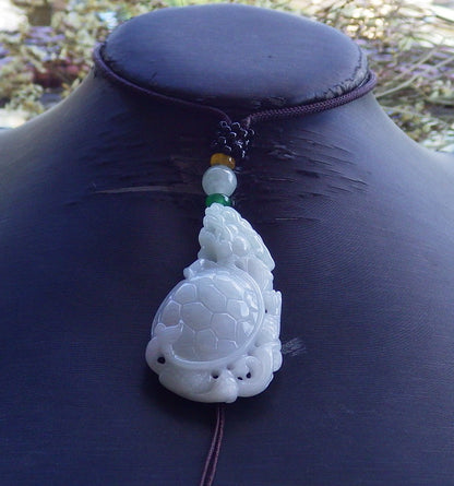 Certified Hand Carved Natural Myanmar Burma A Jade Jadeite Dragon Turtle Ruyi Pendant Necklace