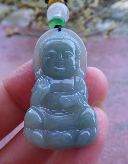 Certified Hand Carved Natural Burma A Jade Jadeite Shakyamuni Buddha God Pendant Necklace