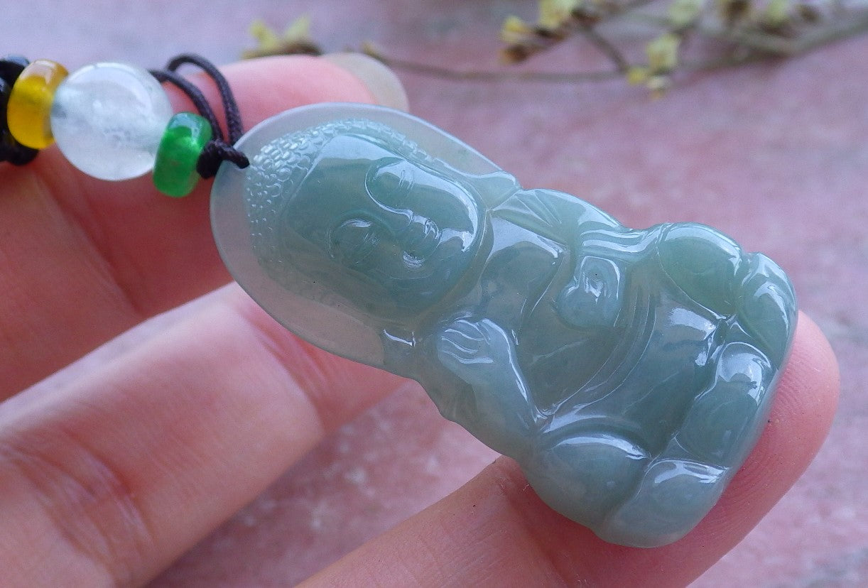 Certified Hand Carved Natural Burma A Jade Jadeite Shakyamuni Buddha God Pendant Necklace