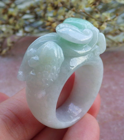 Certified Hand Carved Natural Myanmar Burma Grade A Jade Jadeite Frog Toad US 12 Ring