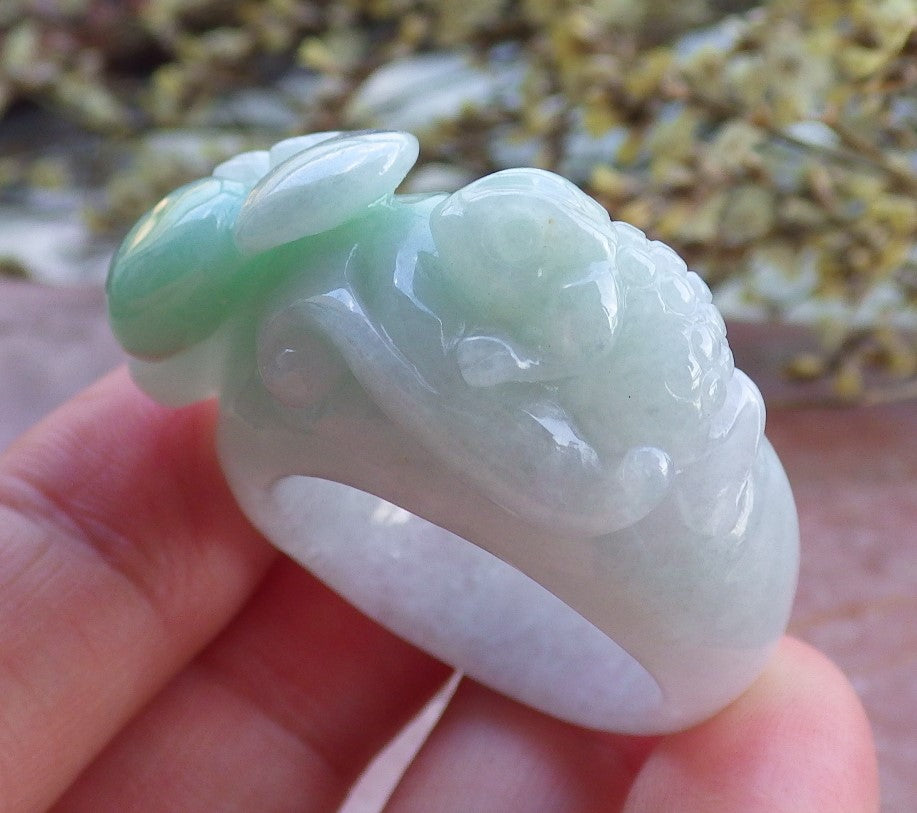 Certified Hand Carved Natural Myanmar Burma Grade A Jade Jadeite Frog Toad US 12 Ring