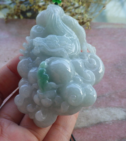 Certified Hand Carved Natural Myanmar Burma A Jade Jadeite Dragon Lotus Flower Ruyi Pendant Necklace