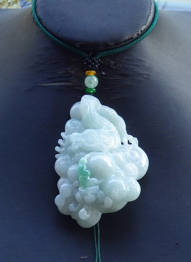 Certified Hand Carved Natural Myanmar Burma A Jade Jadeite Dragon Lotus Flower Ruyi Pendant Necklace