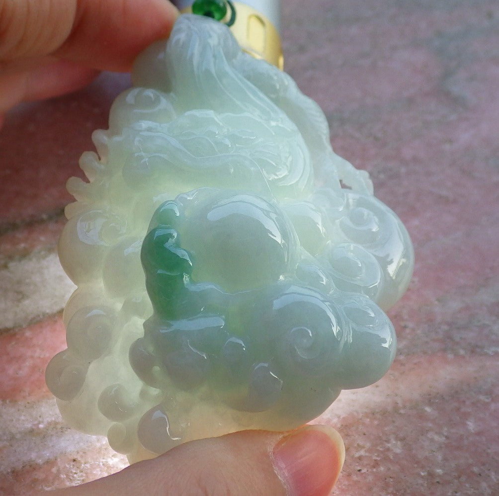 Certified Hand Carved Natural Myanmar Burma A Jade Jadeite Dragon Lotus Flower Ruyi Pendant Necklace