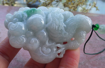 Certified Hand Carved Natural Myanmar Burma A Jade Jadeite Dragon Lotus Flower Ruyi Pendant Necklace