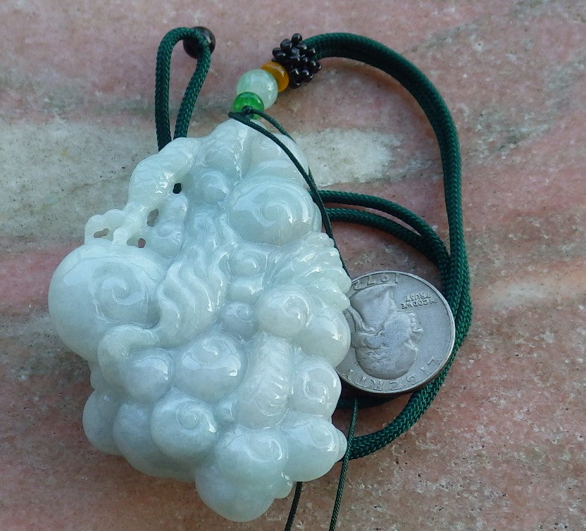 Certified Hand Carved Natural Myanmar Burma A Jade Jadeite Dragon Lotus Flower Ruyi Pendant Necklace