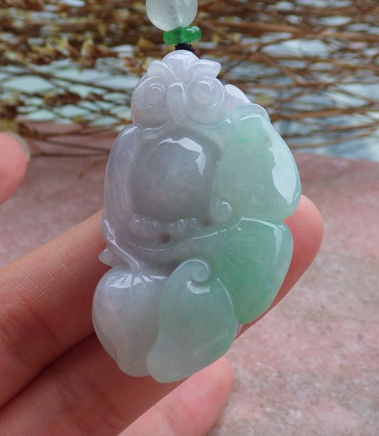 Certified Hand Carved Green Natural Myanmar Burma A Jade jadeite Owl Lotus Flower Peach Ruyi Lucky Amulet Pendant Necklace