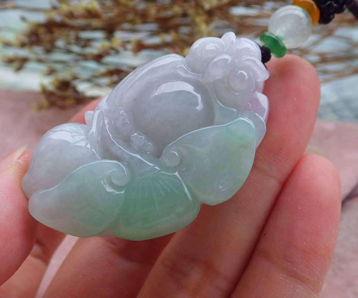 Certified Hand Carved Green Natural Myanmar Burma A Jade jadeite Owl Lotus Flower Peach Ruyi Lucky Amulet Pendant Necklace