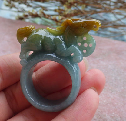 Certified Hand Carved Green Yellow Natural Myanmar Burma A JADE Jadeite Lucky Amulet Horse Ring US 11