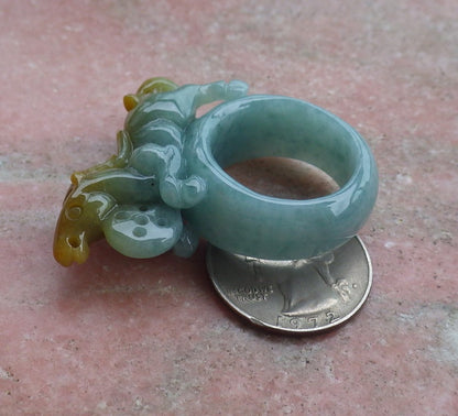 Certified Hand Carved Green Yellow Natural Myanmar Burma A JADE Jadeite Lucky Amulet Horse Ring US 11