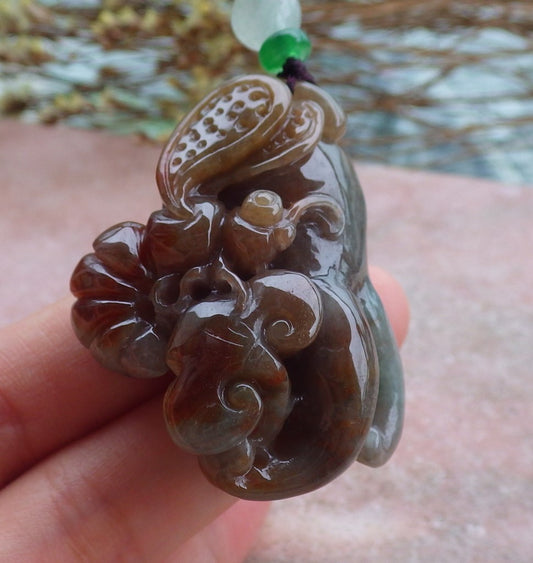 Certified Hand Carved Natural Myanmar Burma A Jade jadeite Butterfly Lotus Ginseng Pendant Necklace