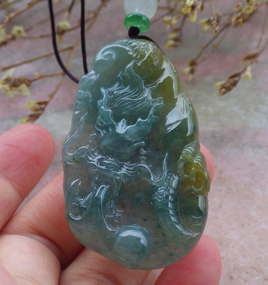 Certified Hand Carved Green Natural Myanmar Burma A Jade jadeite Dragon Bead Ruyi Lucky Amulet Pendant Necklace