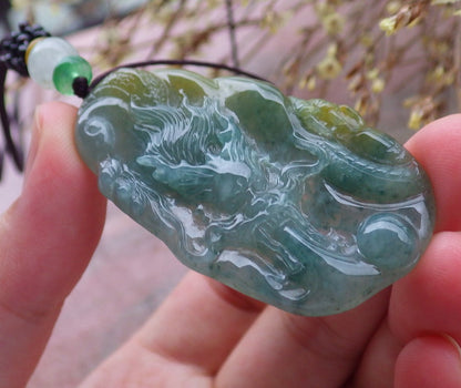 Certified Hand Carved Green Natural Myanmar Burma A Jade jadeite Dragon Bead Ruyi Lucky Amulet Pendant Necklace