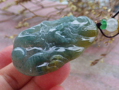 Certified Hand Carved Green Natural Myanmar Burma A Jade jadeite Dragon Bead Ruyi Lucky Amulet Pendant Necklace