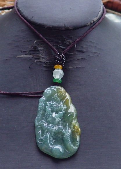 Certified Hand Carved Green Natural Myanmar Burma A Jade jadeite Dragon Bead Ruyi Lucky Amulet Pendant Necklace