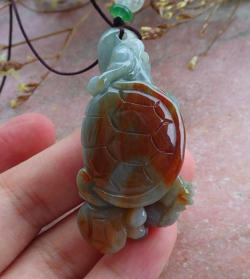 Certified Hand Carved Natural Myanmar Burma Grade A Jade jadeite Dragon Turtle Snake Lucky Amulet Pendant Necklace