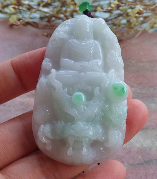 Certified Hand Carved Green Natural Myanmar Burma A Jade jadeite 9 Dragon Sakyamuni Buddha God Spit Bead Pendant Necklace