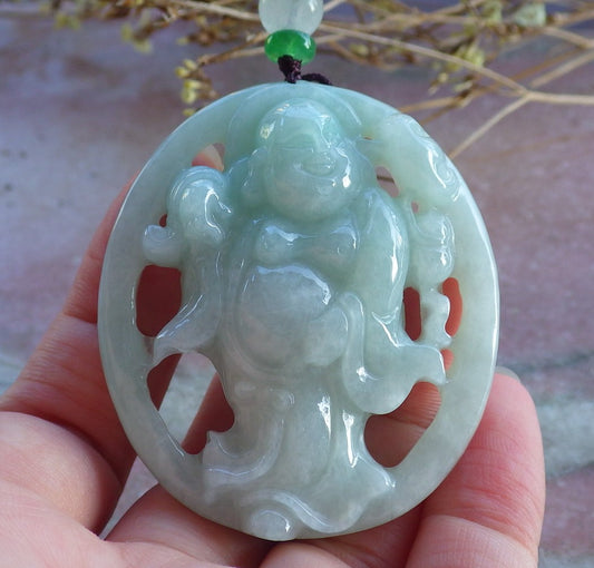 Certified Hand Carved Green Natural Myanmar Burma A Jade Jadeite Happy Buddha God Pendant Necklace