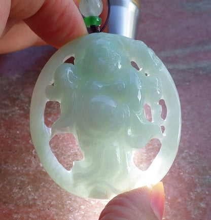 Certified Hand Carved Green Natural Myanmar Burma A Jade Jadeite Happy Buddha God Pendant Necklace