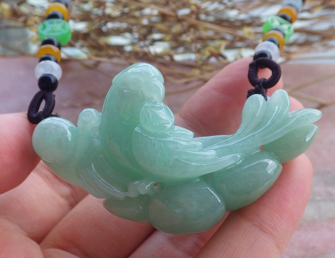 Certified Hand Carved Green Natural Myanmar Burma A Jade Jadeite Phoenix Snail Pendant Necklace