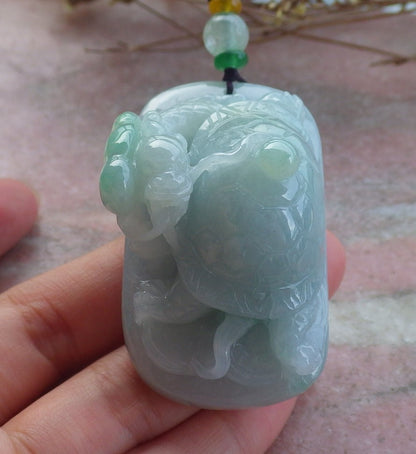 Certified Hand Carved Natural Myanmar Burma A Jade Jadeite Dragon Turtle Ruyi Pendant Necklace