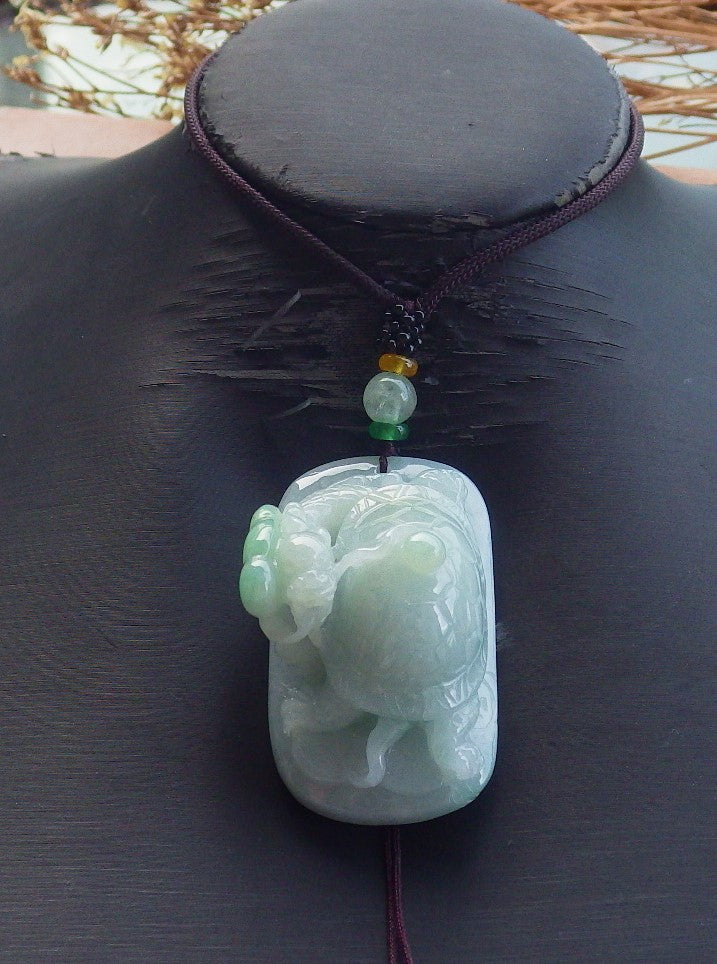 Certified Hand Carved Natural Myanmar Burma A Jade Jadeite Dragon Turtle Ruyi Pendant Necklace