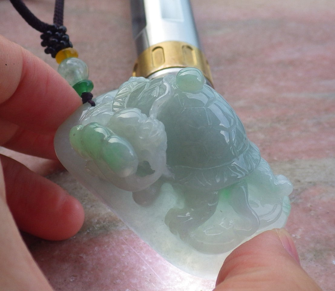 Certified Hand Carved Natural Myanmar Burma A Jade Jadeite Dragon Turtle Ruyi Pendant Necklace