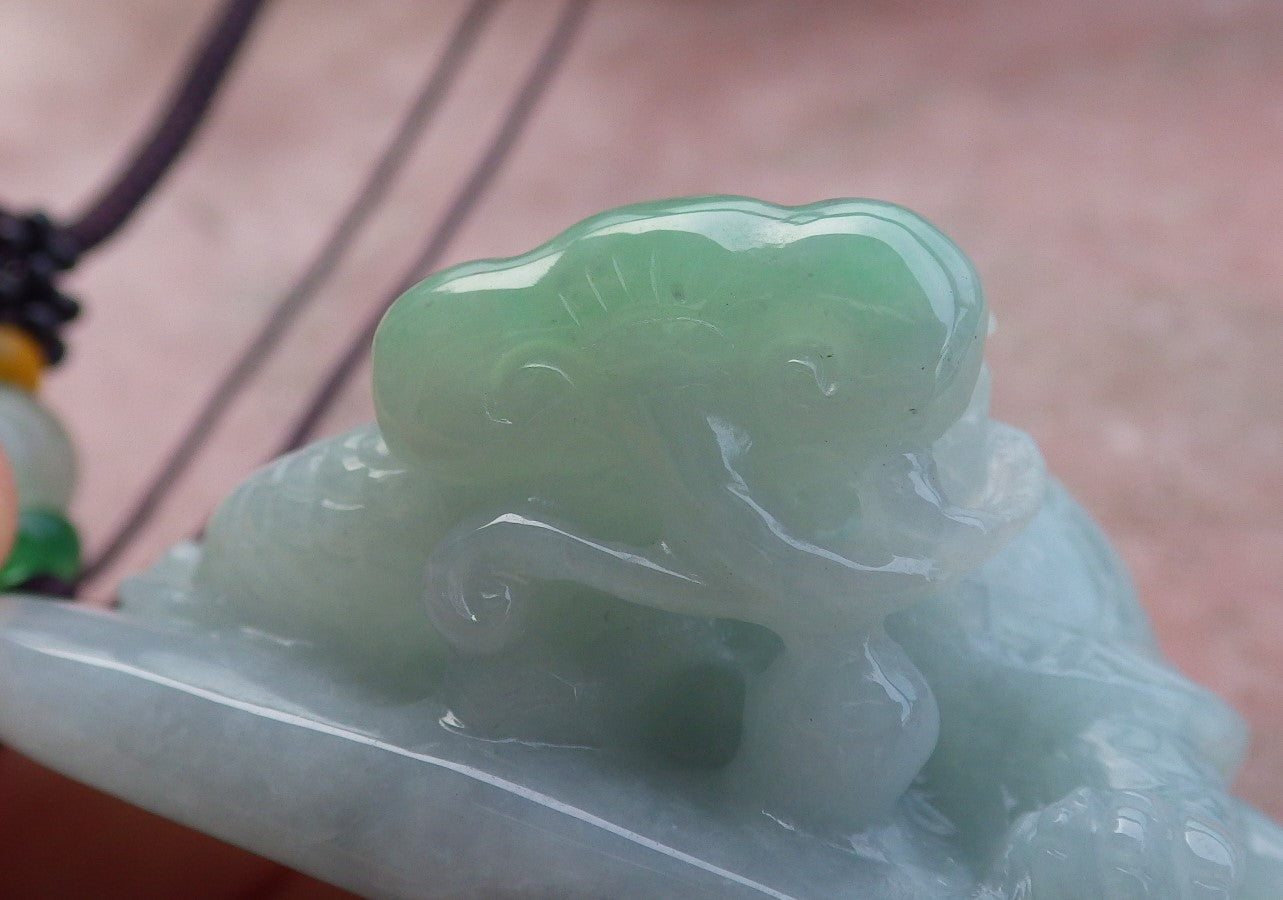 Certified Hand Carved Natural Myanmar Burma A Jade Jadeite Dragon Turtle Ruyi Pendant Necklace