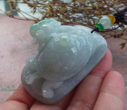 Certified Hand Carved Natural Myanmar Burma A Jade Jadeite Dragon Turtle Ruyi Pendant Necklace