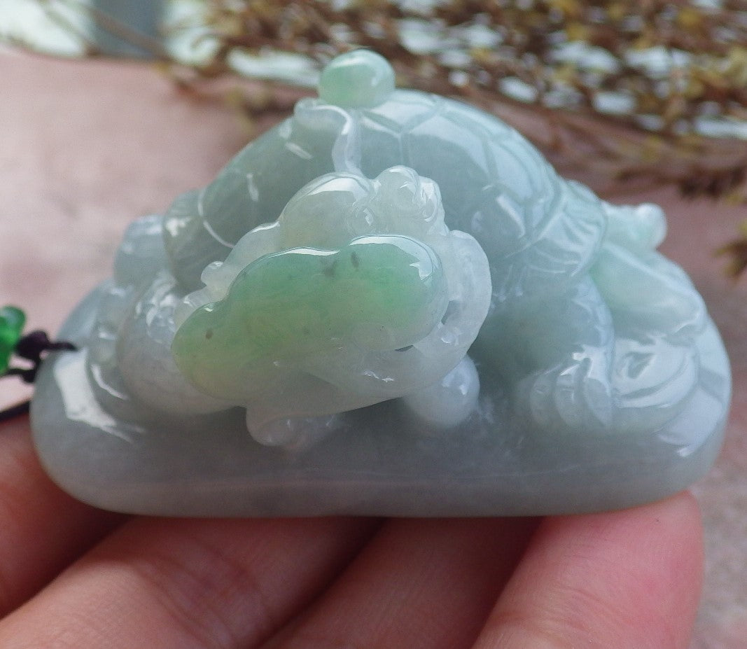 Certified Hand Carved Natural Myanmar Burma A Jade Jadeite Dragon Turtle Ruyi Pendant Necklace