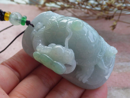 Certified Hand Carved Natural Myanmar Burma A Jade Jadeite Dragon Turtle Ruyi Pendant Necklace