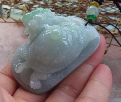 Certified Hand Carved Natural Myanmar Burma A Jade Jadeite Dragon Turtle Ruyi Pendant Necklace