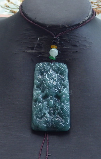 Certified Hand Carved Green Natural Burma A Jade jadeite 9 Dragon Spit Bead Pendant Necklace