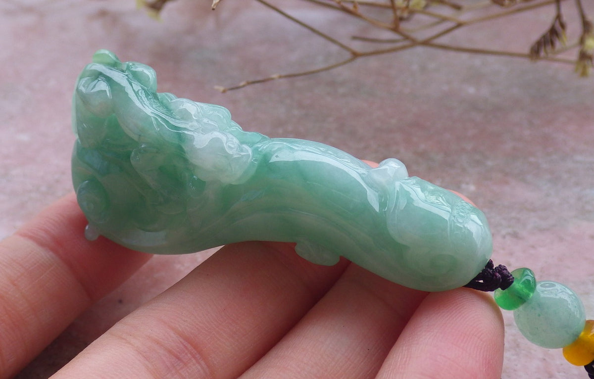 Certified Hand Carved Green Natural Myanmar Burma Grade A Jade jadeite Dragon Pi Xiu Hook Pendant Necklace