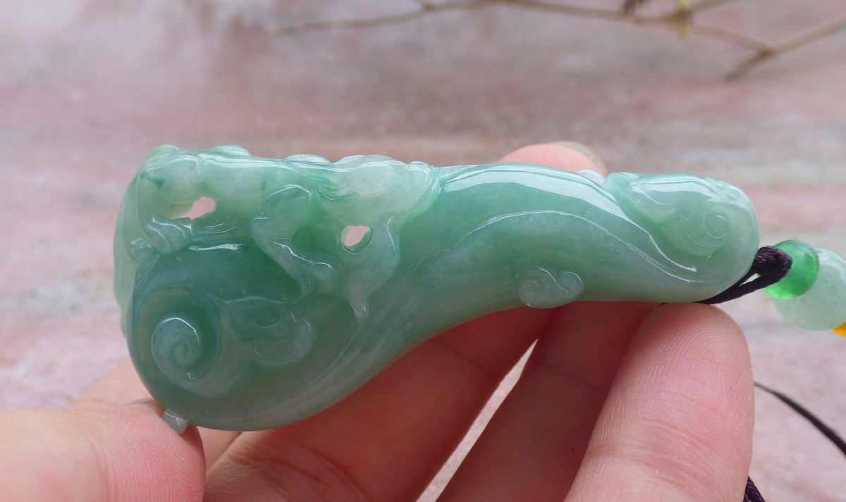 Certified Hand Carved Green Natural Myanmar Burma Grade A Jade jadeite Dragon Pi Xiu Hook Pendant Necklace