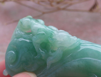 Certified Hand Carved Green Natural Myanmar Burma Grade A Jade jadeite Dragon Pi Xiu Hook Pendant Necklace