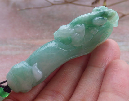 Certified Hand Carved Green Natural Myanmar Burma Grade A Jade jadeite Dragon Pi Xiu Hook Pendant Necklace