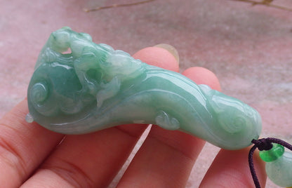 Certified Hand Carved Green Natural Myanmar Burma Grade A Jade jadeite Dragon Pi Xiu Hook Pendant Necklace