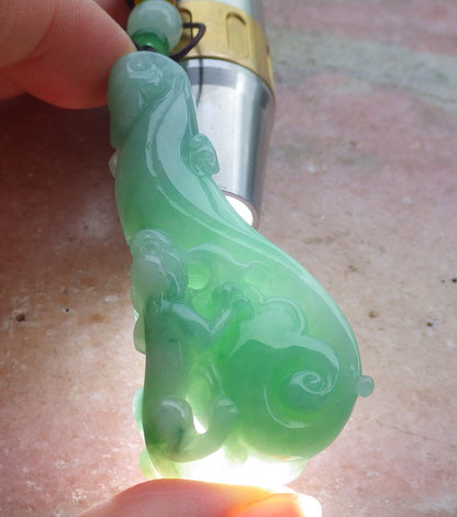 Certified Hand Carved Green Natural Myanmar Burma Grade A Jade jadeite Dragon Pi Xiu Hook Pendant Necklace