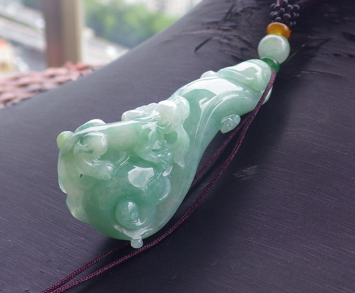 Certified Hand Carved Green Natural Myanmar Burma Grade A Jade jadeite Dragon Pi Xiu Hook Pendant Necklace