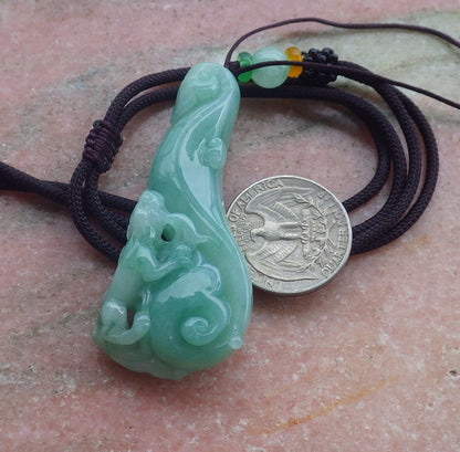 Certified Hand Carved Green Natural Myanmar Burma Grade A Jade jadeite Dragon Pi Xiu Hook Pendant Necklace