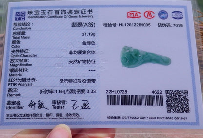 Certified Hand Carved Green Natural Myanmar Burma Grade A Jade jadeite Dragon Pi Xiu Hook Pendant Necklace