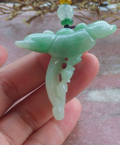 Certified Hand Carved Green Natural Myanmar Burma A Jade jadeite Bat Lotus Ruyi Pendant Necklace
