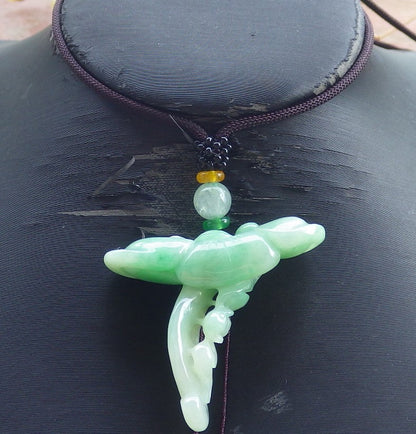 Certified Hand Carved Green Natural Myanmar Burma A Jade jadeite Bat Lotus Ruyi Pendant Necklace