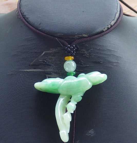 Certified Hand Carved Green Natural Myanmar Burma A Jade jadeite Bat Lotus Ruyi Pendant Necklace